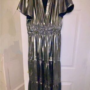 Anthropologie Metallic Silver Maxi Dress